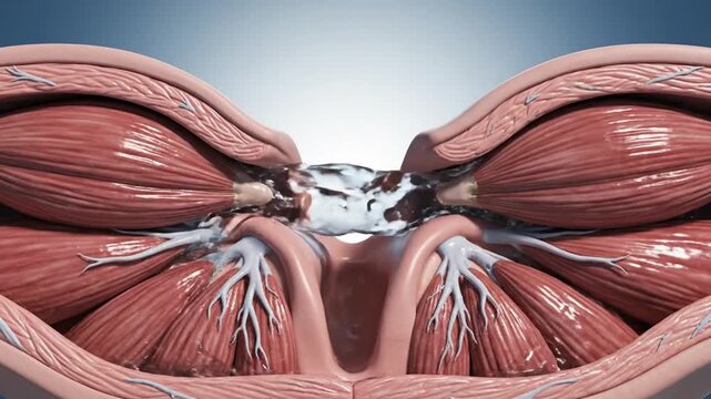 Anatomical CGI of Airway Cross Section with Water Flowing Through Anatomy Exploded View Demonstration of Throat and Medical Hologram Overlay on Blue