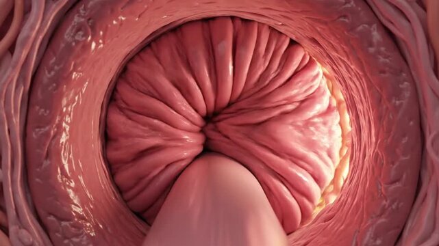 Anatomical Cgi of Blocked Airway by Object with Glowing Light Around Edges in Soft Pink Tones and Narrowed Throat Passage for Medical Visualization