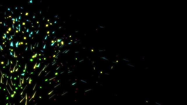 magic glowing shapes flying overlay chroma key.
party decoration elements isolated on black. festive celebration background with bright confetti. colorful glowing confetti explosion on black screen.