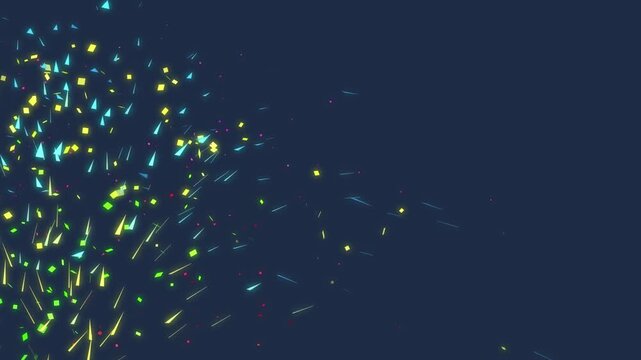 festive celebration background with bright confetti. colorful glowing confetti explosion on blue screen. magic glowing shapes flying overlay chroma key. party decoration elements isolated on blue.
