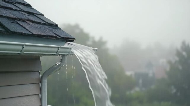 Heavy rain overflowing house gutter and downspout during storm