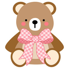 Cute pink teddy bear sitting with a pink ribbon, sweet cartoon illustration perfect for baby, love, and Valentine gift design