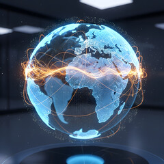 Digital glowing earth globe with data connections and network lines, representing global communication, technology, and worldwide business in a futuristic dark environment