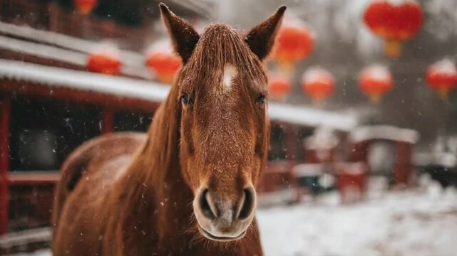A majestic brown horse stands patiently, facing forward, during a gentle outdoor snowfall. Its rich, textured coat is lightly dusted with fresh snowflakes, and its striking blue eyes gaze directly ahe