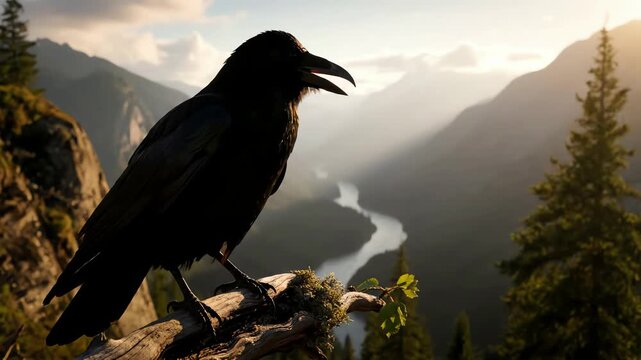 Majestic black raven perched on a branch overlooking a serene mountain valley with a winding river at sunrise