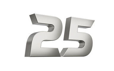 3d Silver number 25 Twenty five sleek metallic look with a slight shadow effect, 3d illustration