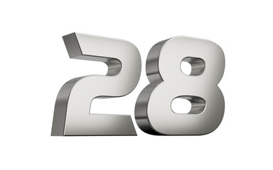 3d Silver number 28 Twenty eight sleek metallic look with a slight shadow effect, 3d illustration