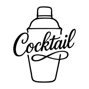 Logo con palabra manuscrita Cocktail con dibujo minimalista con l&iacute;neas de una coctelera 