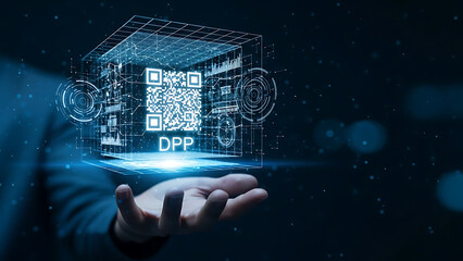 Digital Product Passport Concept with Glowing QR Code Above Human Hand on Futuristic Tech Background