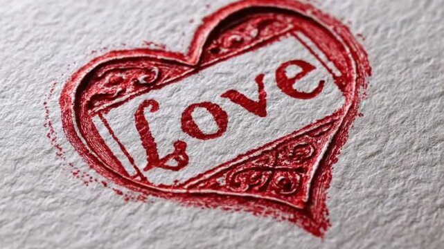 A vibrant red heart-shaped stamp, featuring the word "Love" prominently, is meticulously imprinted on a piece of subtly textured white paper. The intricate details of the stamp's ornate border and the
