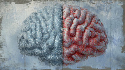 division. An artistic brain illustration split into creative and logical halves, showcasing human cognition and thought. STEM education sheets.
