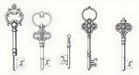 vintage keys vector set, antique skeleton keys illustration, old iron keys collection, decorative retro keys design, Victorian metal keys set, medieval antique keys artwork, rustic door keys bundle, c