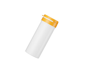 Blank white supplement bottle mockup with vivid orange dispenser lid. 3d illustration