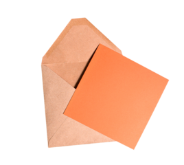 Kraft paper envelope holding a blank orange card, offering space for custom text or transparent message, background