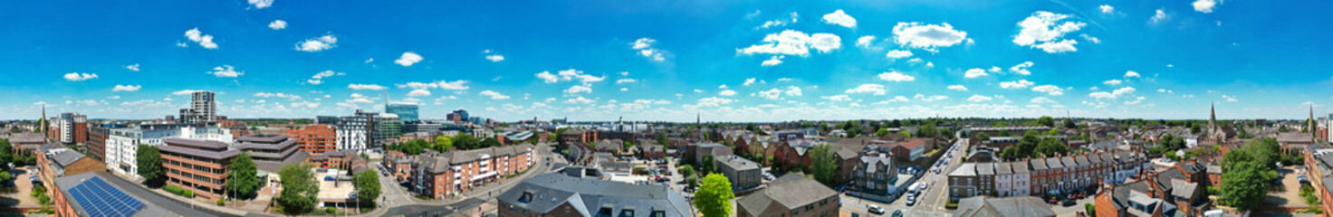High Angle Ultra Wide Panoramic View of Iconic Buildings at Central Reading London City and Town Centre. Aerial Drone Tour of England United Kingdom. July 11th, 2025