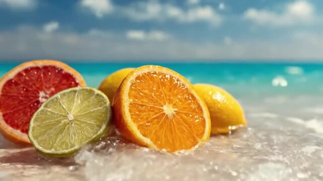 Vibrant, sliced citrus fruits, including a juicy orange half, ruby red grapefruit, and zesty lime slice, along with whole bright yellow lemons, are gently washed by crystal clear ocean waves on a pris