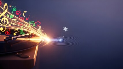 Vibrant musical notes and snowflake against a dark nighttime background