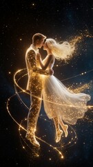 Two luminous beings embrace in a weightless cosmic space, their bodies formed from golden light and flowing stardust.