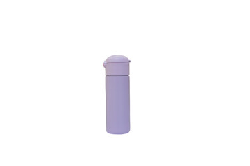 purple thermos isolated, Thermos bottle with flip-top lid and straw on white background
