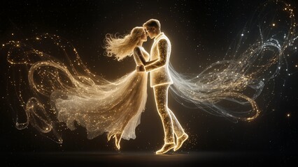 Two luminous beings embrace in a weightless cosmic space, their bodies formed from golden light and flowing stardust
