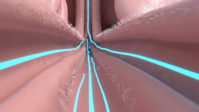 CGI Anatomical View of Blocked Airway with Glowing Object Inside Trachea and Glowing Blue Highlighted Parts for Medical Explanatory Visuals and