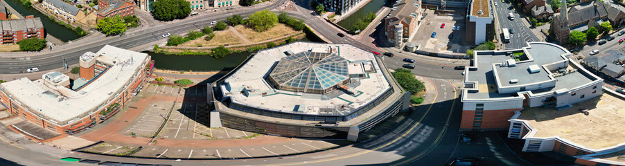 High Angle Ultra Wide Panoramic View of Iconic Buildings at Central Reading London City and Town Centre. Aerial Drone Tour of England United Kingdom. July 11th, 2025