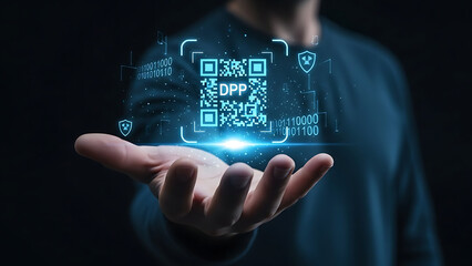 Digital Product Passport Concept with Glowing QR Code Above Human Hand on Futuristic Tech Background