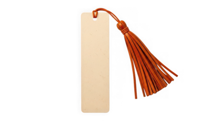 Blank beige bookmark with orange leather tassel isolated on transparent background