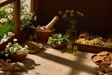 Obraz premium This scene combines dried herbs, fresh plants, and traditional bowls on a wooden table. The window light, concept of herbal and eastern medicine ingredients. Space for product display