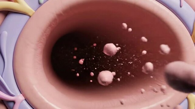 CGI Anatomical View of Choking Incident with Obstructed Airway and Food Particle with Pink Trachea Anatomy and Blue Particle Against Light Purple