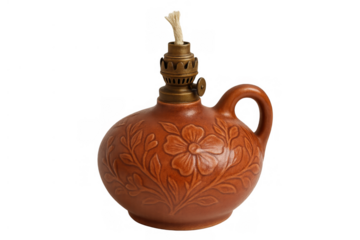 Ceramic oil lamp with floral design, showing vintage home decor, antique lighting, and historical elegance on transparent background