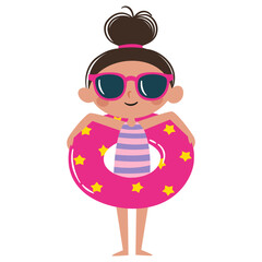 A cute girl wearing sunglasses is holding an inflatable swimming ring, a vector illustration in a simple children's style on a white background. . Vector illustration