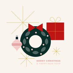 Christmas greeting card with geometric elements. For invitation, poster, advertisement. Vector illustration, flat design