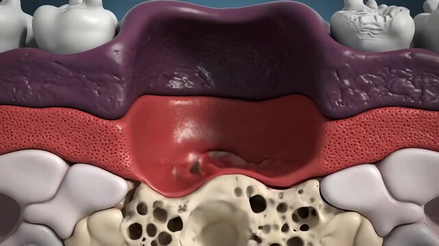 A 3D medical animation showing the cross-section of a human tooth, gum, and jawbone anatomy.
