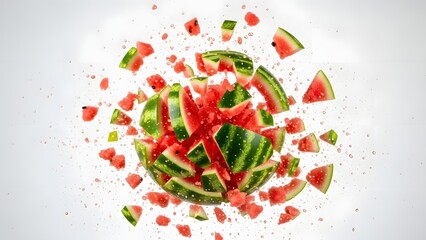 Explosion of fresh watermelon pieces and seeds in motion