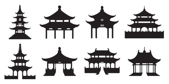nine black silhouettes of asian style temples pagodas