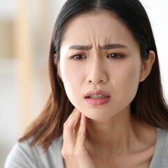 Fototapeta premium Young Woman Experiencing Facial Pain and Discomfort Touching Her Cheek