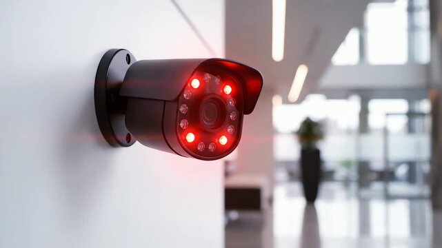 Close up of modern surveillance camera with red infrared lights blinking on a clean white wall