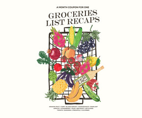 Obraz premium Groceries list design. Fresh vegan food. Vegetable love club. Vegetable set design. Organic vegetable farm. Local vegetable market artwork for t shirt print, poster, sticker and other uses.
