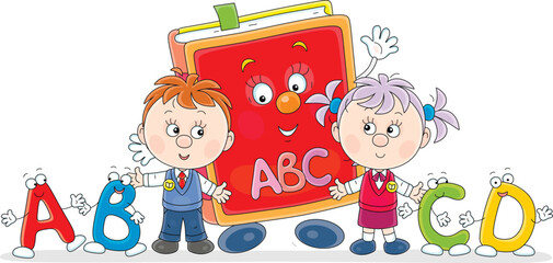 Little schoolchildren and a cartoon character ABC book with funny toy letters of an alphabet, vector illustration on white