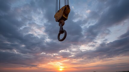 A yellow crane hook hangs suspended against a dramatic sunset sky filled with clouds