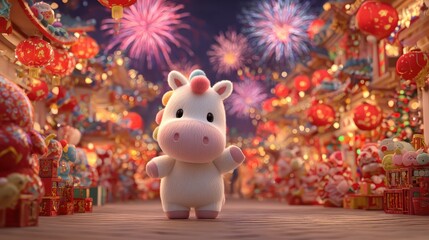 Cute cartoon horse celebrating chinese new year with fireworks