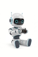 Cute 3D robot character holding a camera, concept of AI photography and capturing moments