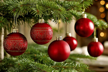 Many red ornament balls hanging on Christmas tree, festive  decorations