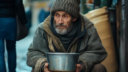 Homeless man sitting on a city street holding a bowl, looking weary and in need, showcasing the struggles of urban poverty during a chilly day