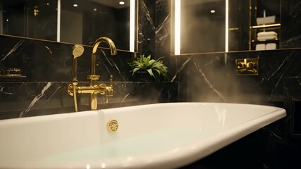Luxurious modern bathroom with a steaming hot water filled bathtub and elegant gold fixtures