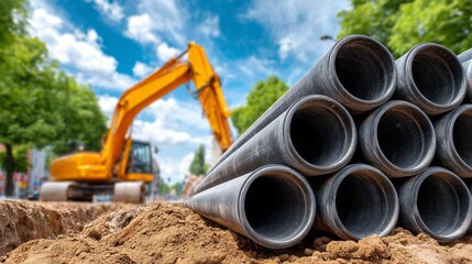 In a busy construction site, large black pipes are stacked in a trench, ready for installation