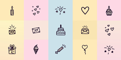 A collection of hand drawn birthday icons in pastel colored squares