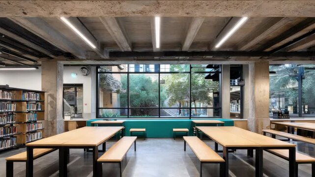 Library Interior Featuring Wooden Tables and Benches Beside Shelves Under Concrete Beams with Large Window Overlooking Outdoor Trees in Modern Setting