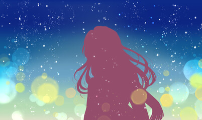 外出する女性　冬　雪　シルエット